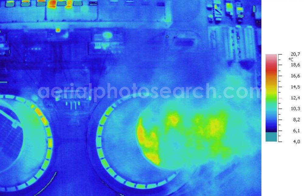 Infrared aerial photograph Schkopau - Infrared aerial photograph of Power plant smokestacks in the mirror image of Rattmansdorfer pond in Schkopau in the state of Saxony-Anhalt. The two chimneys are part of the lignite-fired power plant of E.ON AG