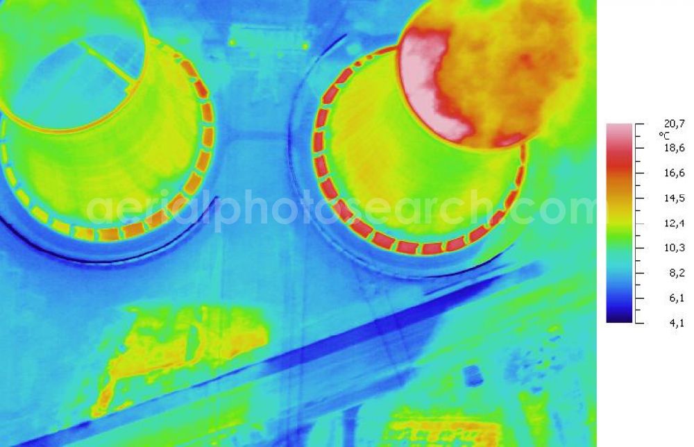 Infrared aerial photograph Schkopau - Infrared aerial photograph of Power plant smokestacks in the mirror image of Rattmansdorfer pond in Schkopau in the state of Saxony-Anhalt. The two chimneys are part of the lignite-fired power plant of E.ON AG