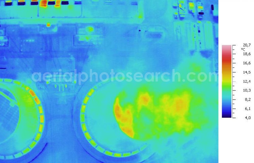 Infrared aerial photograph Schkopau - Infrared aerial photograph of Power plant smokestacks in the mirror image of Rattmansdorfer pond in Schkopau in the state of Saxony-Anhalt. The two chimneys are part of the lignite-fired power plant of E.ON AG