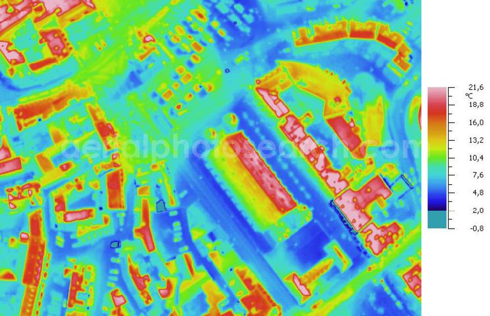 Infrared aerial photograph HALLE / SAALE - Infrarotaufnahme als Senkrechtluftbild vom Areal Talamtstraße, An der Marienkirche, Schülershof; Oleariusstraße im Zentrum von Halle. Aufgenommen wurden diese auf 1/10 tel Grad genauen Wärmeluftaufnahmen mit einem Luftbild-Infrarotkamerasystem der Firma JENOPTIK. Jena Optronik GmbH,