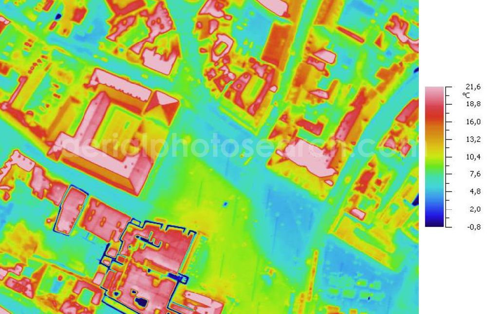 Infrared aerial photograph HALLE / Saale - Infrarotaufnahme als Senkrechtluftbild vom Areal des Marktplatzes in der Innenstadt / Altstadtzentrum von Halle. Mit im Bild der Alte Glockenturm und der Roter Turm. Aufgenommen wurden diese auf 1/10 tel Grad genauen Wärmeluftaufnahmen mit einem Luftbild-Infrarotkamerasystem der Firma JENOPTIK. Jena Optronik GmbH,