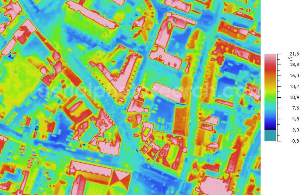 Infrared aerial photograph HALLE - Infrarotaufnahme als Senkrechtluftbild voon Wohngebieten an der Kleine Märkerstrasse, Leipziger Straße; Sternstraße in der Altstadt. Aufgenommen wurden diese auf 1/10 tel Grad genauen Wärmeluftaufnahmen mit einem Luftbild-Infrarotkamerasystem der Firma JENOPTIK. Jena Optronik GmbH,