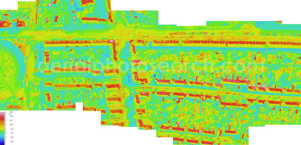 Infrared aerial photograph HALLE - Infrarotaufnahme als Senkrechtluftbild von Wohngebieten am Lurt-Wabbel-Stadion, Straße der Republik; Paul-Suhr-Straße, Hohrnweidener und Rockendorfer Weg in Halle / Saale. Aufgenommen wurden diese auf 1/10 tel Grad genauen Wärmeluftaufnahmen mit einem Luftbild-Infrarotkamerasystem der Firma JENOPTIK. Jena Optronik GmbH,