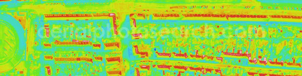 Infrared aerial photograph HALLE - Infrarotaufnahme als Senkrechtluftbild von Wohngebieten am Lurt-Wabbel-Stadion, Straße der Republik; Paul-Suhr-Straße, Hohrnweidener und Rockendorfer Weg in Halle / Saale. Aufgenommen wurden diese auf 1/10 tel Grad genauen Wärmeluftaufnahmen mit einem Luftbild-Infrarotkamerasystem der Firma JENOPTIK. Jena Optronik GmbH,