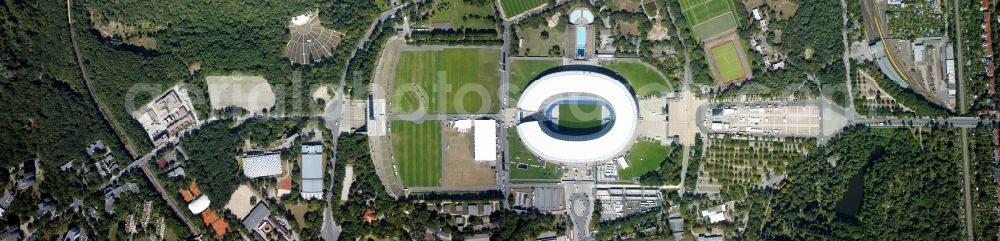 Vertical aerial photograph Berlin - Vertical aerial view from the satellite perspective of the sports facility grounds of the Arena stadium Olympiastadion of Hertha BSC in Berlin in Germany