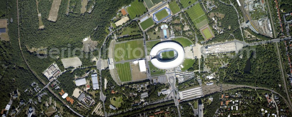 Vertical aerial photograph Berlin - Vertical aerial view from the satellite perspective of the sports facility grounds of the Arena stadium Olympiastadion of Hertha BSC in Berlin in Germany