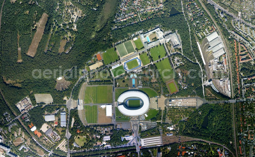 Vertical aerial photograph Berlin - Vertical aerial view from the satellite perspective of the sports facility grounds of the Arena stadium Olympiastadion of Hertha BSC in Berlin in Germany