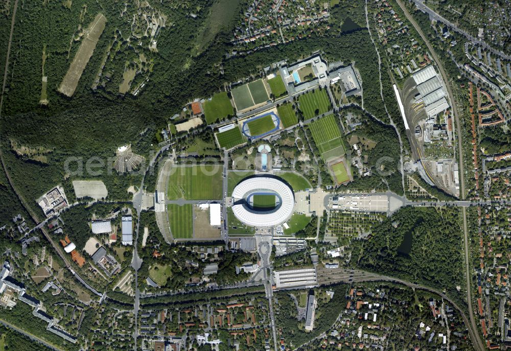 Vertical aerial photograph Berlin - Vertical aerial view from the satellite perspective of the sports facility grounds of the Arena stadium Olympiastadion of Hertha BSC in Berlin in Germany