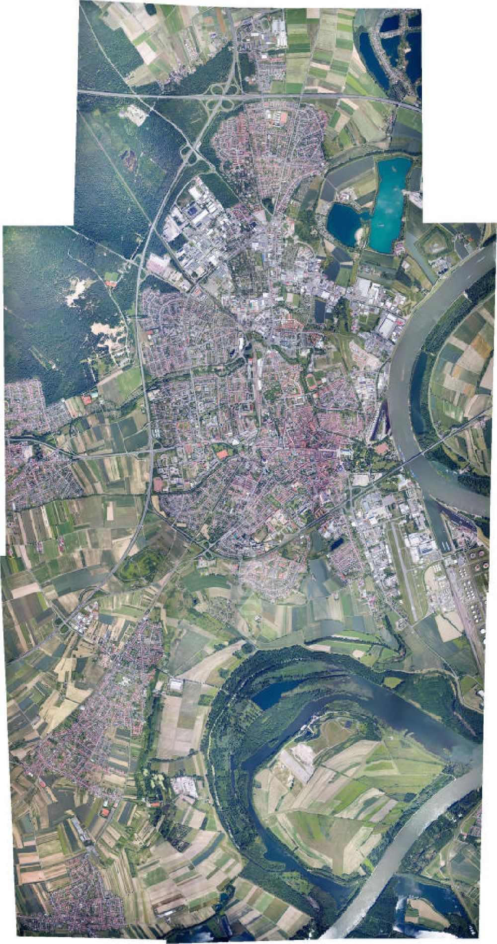 Vertical aerial photograph Speyer - Vertical aerial photograph of the city of Speyer with the surrounding places Dudenhofen, Römerberg Mechtersheim, Rinkenbergerhof in Rhineland-Palatinate. In the satellite view of the history of the federal highway A61 / E31 and the B9