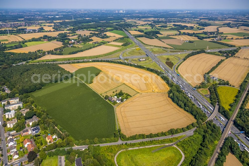 Vertical aerial photograph Kamen - Traffic flow at the intersection- motorway A 1 A2 Kamener Kreuz in Kamen in the state North Rhine-Westphalia, Germany