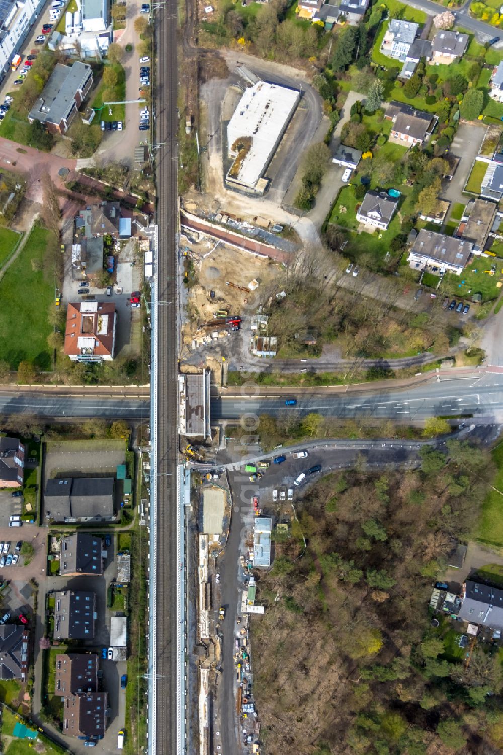 Vertical aerial photograph Voerde (Niederrhein) - Vertical aerial view from the satellite perspective of the new construction of the bridge structure about the Steinstrasse in Voerde (Niederrhein) at Ruhrgebiet in the state North Rhine-Westphalia, Germany