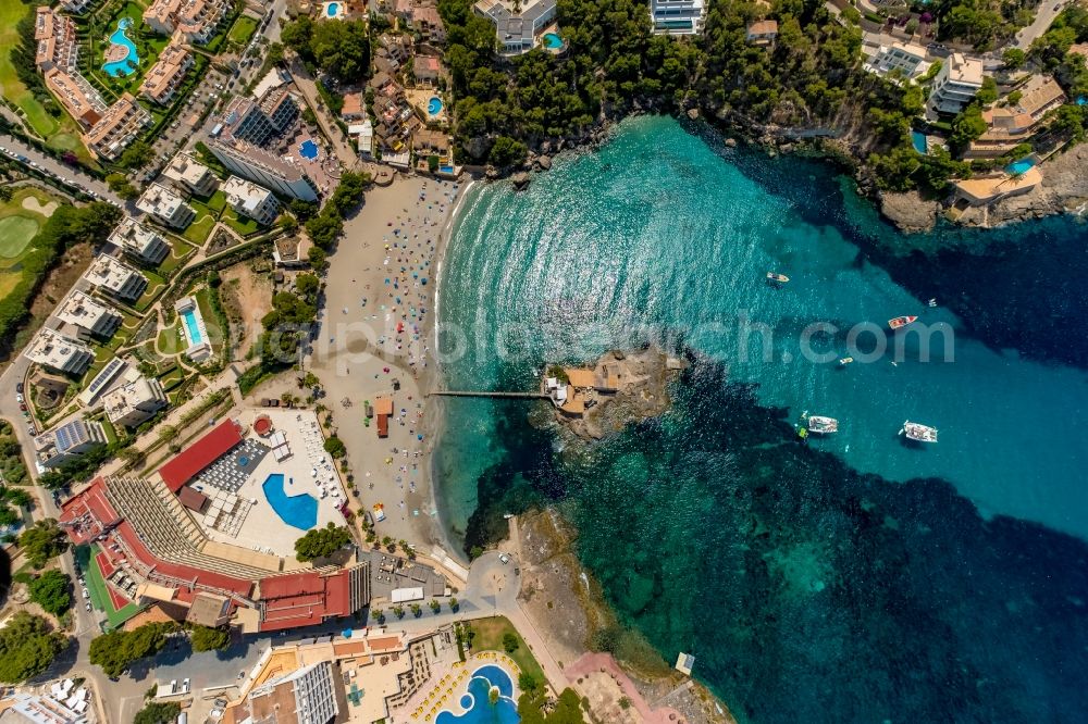 Vertical aerial photograph Andratx - Vertical aerial view from the satellite perspective of the plateau in the water of the small island with the Illeta restaurant with a jetty - connection to the Platja de Camp in Andratx in Balearic island of Mallorca, Spain