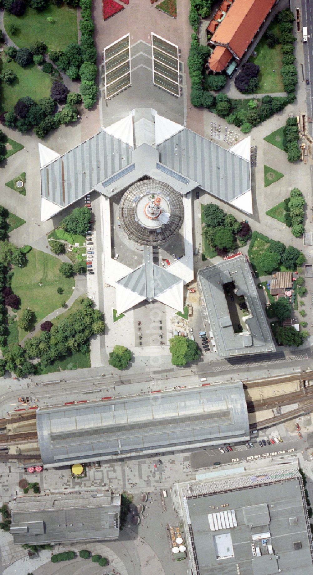 Vertical aerial photograph Berlin - Vertical aerial view from the satellite perspective of the television Tower in Berlin in Germany