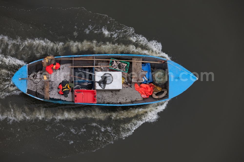 Vertical aerial photograph Warthe - Vertical aerial view from the satellite perspective of the Fishing - ship under way lake Achterwasser in Warthe in the state Mecklenburg - Western Pomerania, Germany