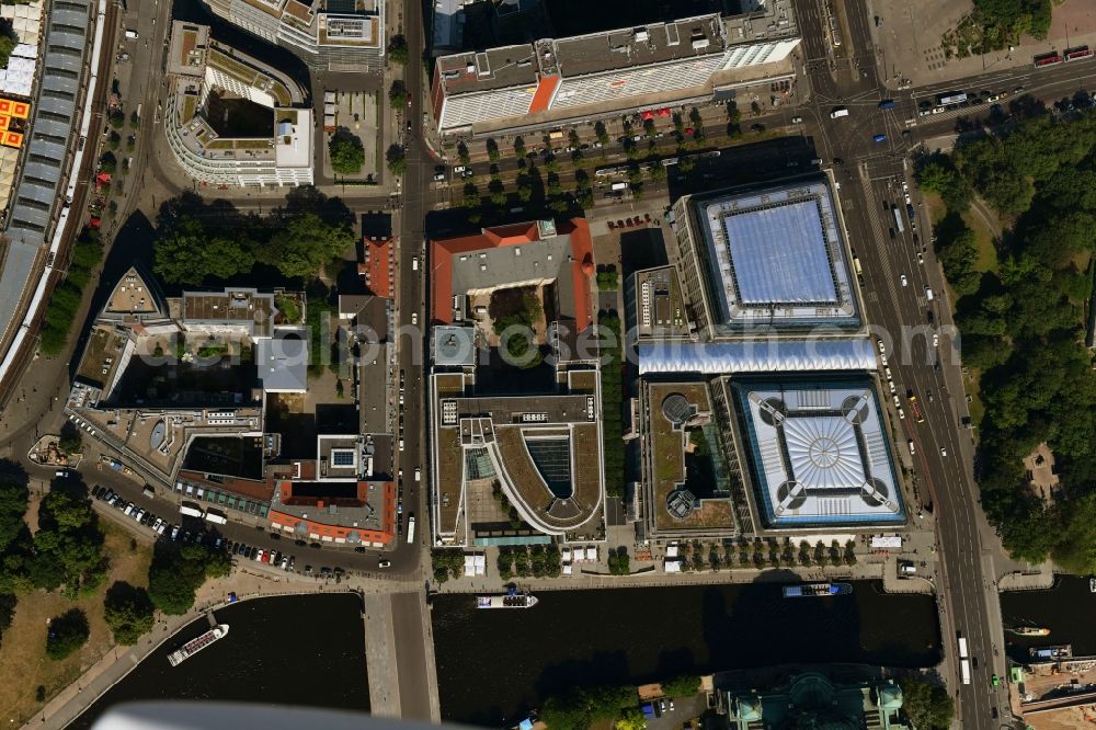 Vertical aerial photograph Berlin - Vertical aerial view from the satellite perspective of the complex of the hotel building CityQuartier DomAquaree on Karl-Liebknecht-Strasse in the district Mitte in Berlin, Germany