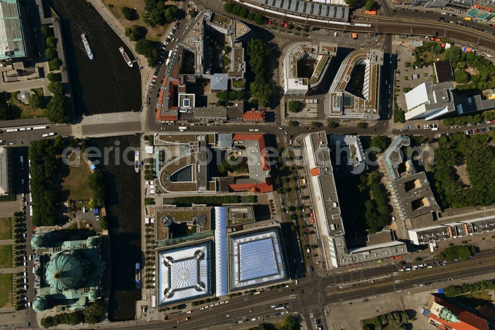 Vertical aerial photograph Berlin - Vertical aerial view from the satellite perspective of the complex of the hotel building CityQuartier DomAquaree on Karl-Liebknecht-Strasse in the district Mitte in Berlin, Germany