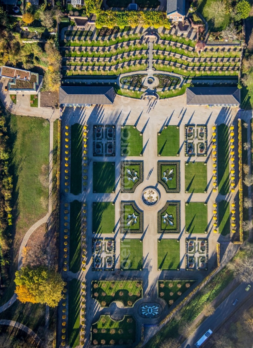 Vertical aerial photograph Kamp-Lintfort - Vertical aerial view from the satellite perspective of the complex of buildings of the monastery Kloster Konp on Abteiplatz in Kamp-Lintfort in the state North Rhine-Westphalia, Germany