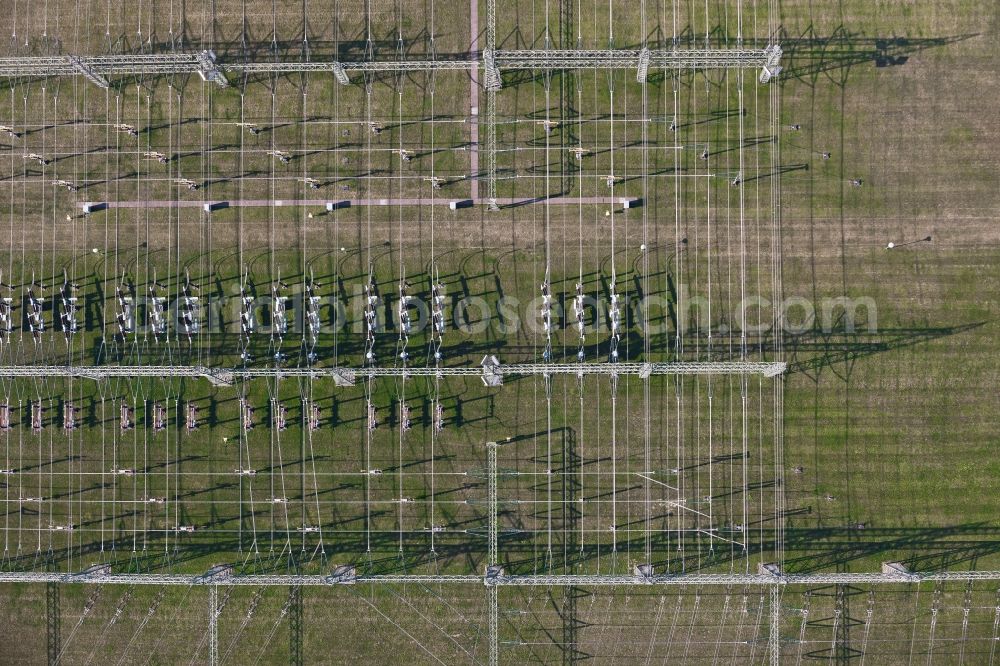 Vertical aerial photograph Bergheim - Vertical aerial view from the satellite perspective of the Site of the substation for voltage conversion and electrical power supply in the district Pfaffendorf in Bergheim in the state North Rhine-Westphalia, Germany