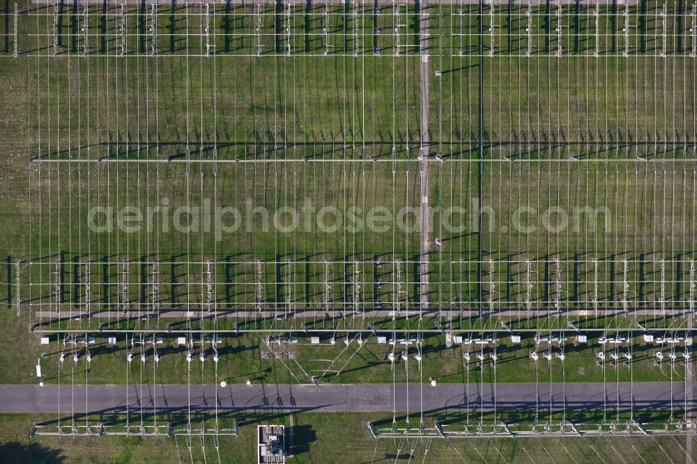 Vertical aerial photograph Bergheim - Vertical aerial view from the satellite perspective of the Site of the substation for voltage conversion and electrical power supply in the district Pfaffendorf in Bergheim in the state North Rhine-Westphalia, Germany