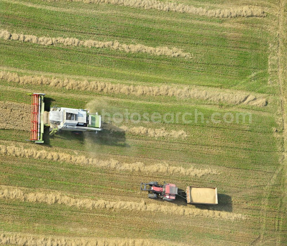 Vertical aerial photograph Görkwitz - Senkrechtluftbild der Getreideernte auf einem Feld bei Görkwitz, nördlich von Schleiz, in Thüringen. Eingesetzt werden Mähdrescher des internationalen Landmaschinenkonzerns Claas KGaA mbH. Upright aerial image of corn crop on a field near village Görkwitz, located north of city Schleiz, in federal state Thuringia. The combine harvesters used are a product of international agricultural engines concern Claas KGaA mbH.