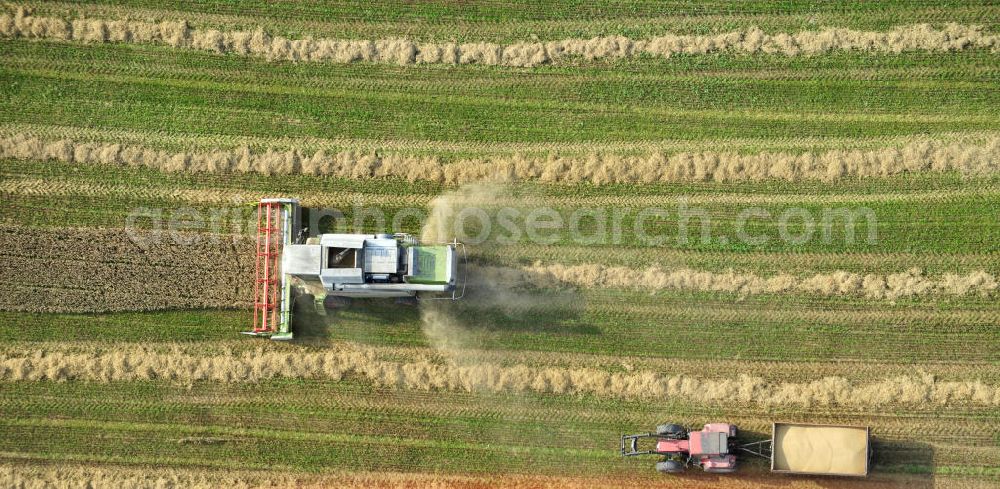 Vertical aerial photograph Görkwitz - Senkrechtluftbild der Getreideernte auf einem Feld bei Görkwitz, nördlich von Schleiz, in Thüringen. Eingesetzt werden Mähdrescher des internationalen Landmaschinenkonzerns Claas KGaA mbH. Upright aerial image of corn crop on a field near village Görkwitz, located north of city Schleiz, in federal state Thuringia. The combine harvesters used are a product of international agricultural engines concern Claas KGaA mbH.