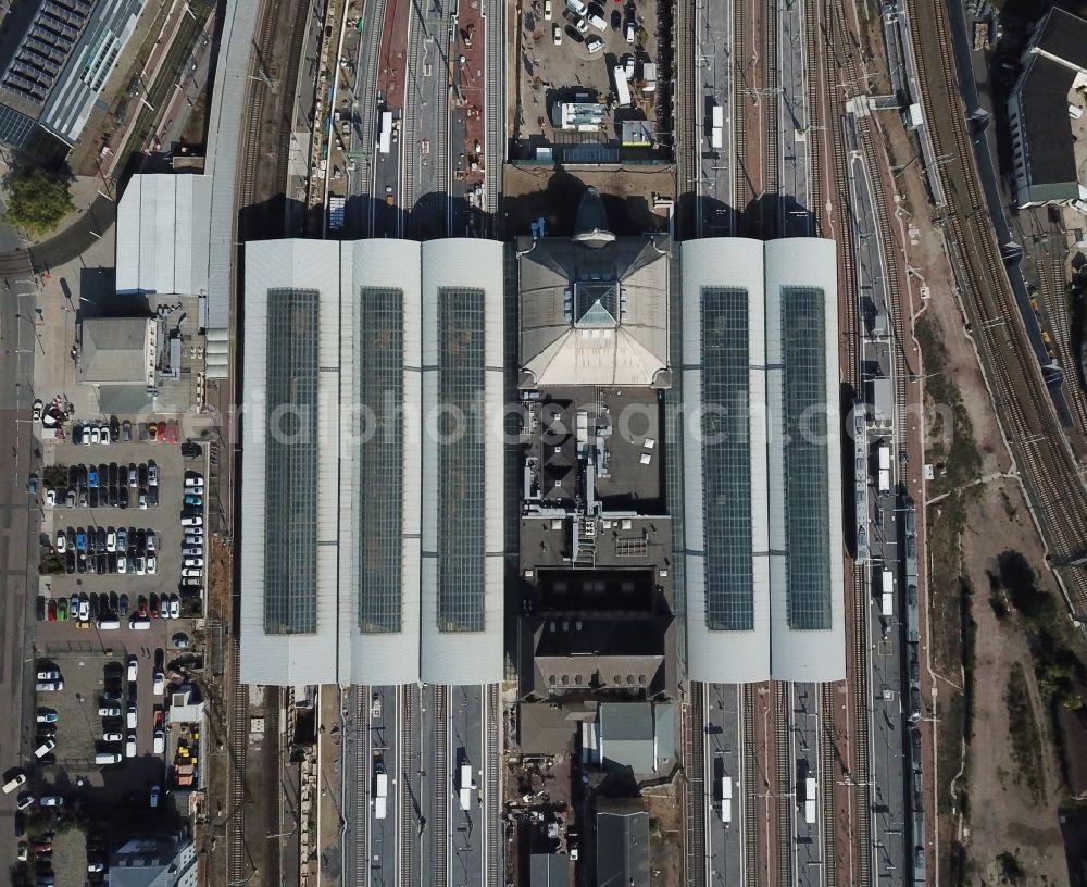 Vertical aerial photograph Halle (Saale) - Vertical aerial view from the satellite perspective of the track progress and building of the main station of the railway in Halle (Saale) in the state Saxony-Anhalt, Germany