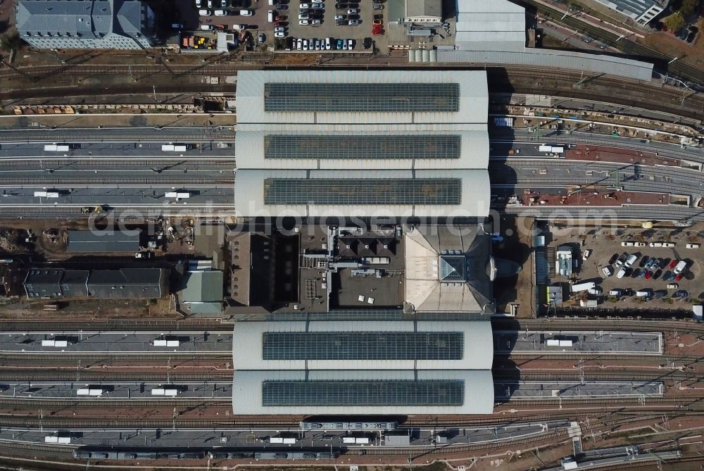 Vertical aerial photograph Halle (Saale) - Vertical aerial view from the satellite perspective of the track progress and building of the main station of the railway in Halle (Saale) in the state Saxony-Anhalt, Germany