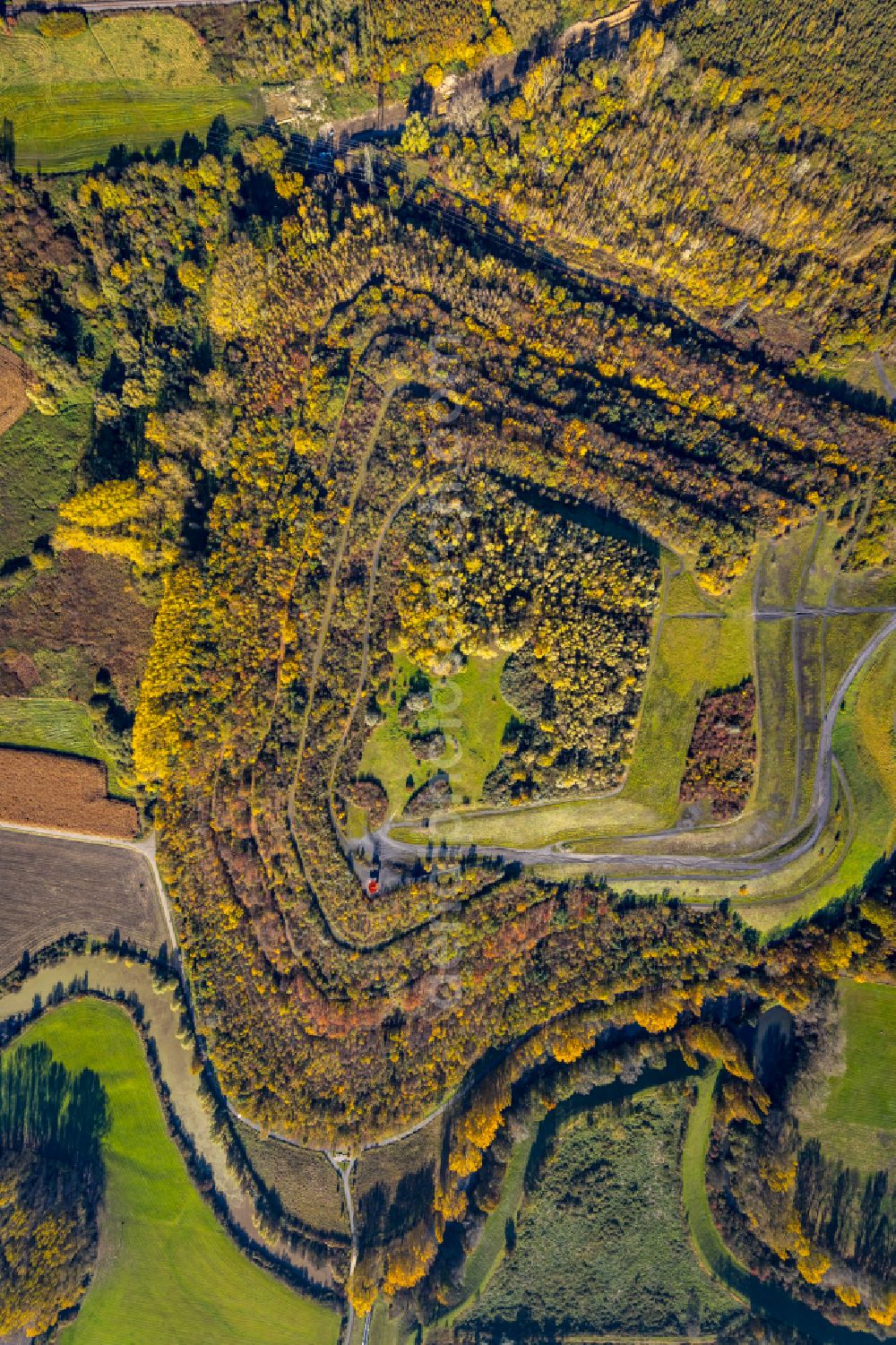 Vertical aerial photograph Hamm - Vertical aerial view from the satellite perspective of the autumnal discolored vegetation view reclamation site of the former mining dump in Hamm at Ruhrgebiet in the state North Rhine-Westphalia