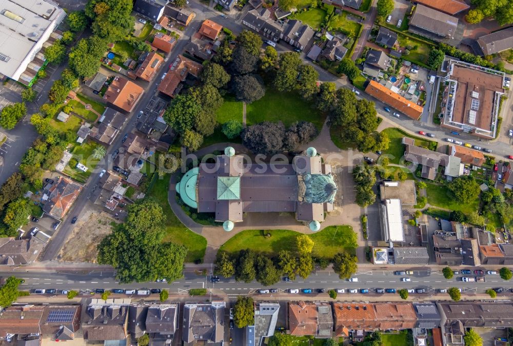 Vertical aerial photograph Rheine - Vertical aerial view from the satellite perspective of the church building of the cathedral St. Antonius- Basilika in the old town in Rheine in the state North Rhine-Westphalia, Germany