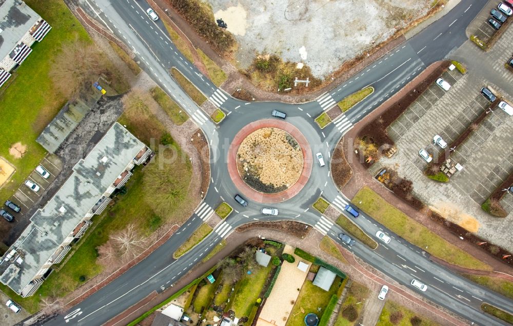 Vertical aerial photograph Gladbeck - Vertical aerial view from the satellite perspective of the Traffic management of the roundabout road Rockwool Strasse, Kampstrasse und Ellinghorst in the district Gelsenkirchen-Nord in Gladbeck in the state North Rhine-Westphalia