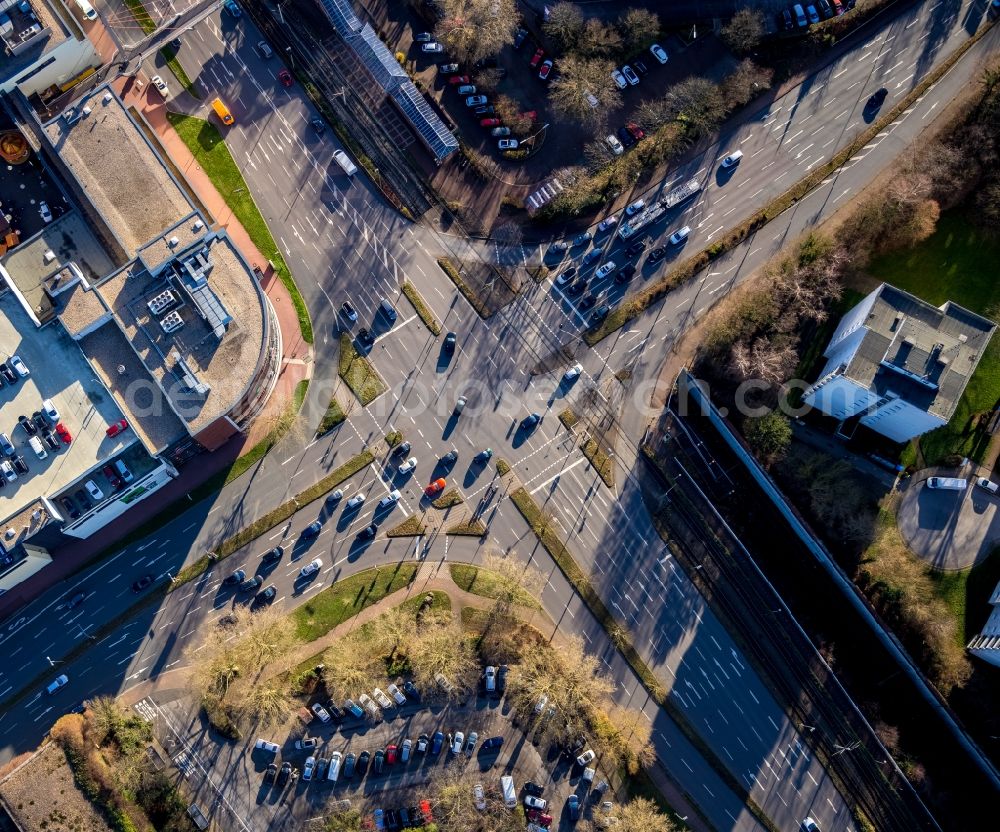 Vertical aerial photograph Hattingen - Vertical aerial view from the satellite perspective of the road over the crossroads Martin-Luther-Strasse corner Nierenhofer Strasse in Hattingen in the state North Rhine-Westphalia, Germany