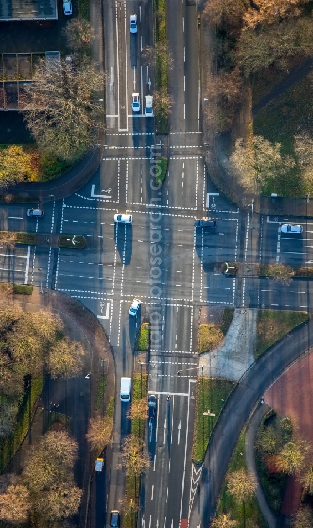 Vertical aerial photograph Gladbeck - Vertical aerial view from the satellite perspective of the road over the crossroads Muehlenstrasse corner Sandstrasse - Konrad-Adenauer-Allee in Gladbeck in the state North Rhine-Westphalia, Germany