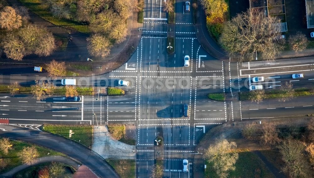 Vertical aerial photograph Gladbeck - Vertical aerial view from the satellite perspective of the road over the crossroads Muehlenstrasse corner Sandstrasse - Konrad-Adenauer-Allee in Gladbeck in the state North Rhine-Westphalia, Germany