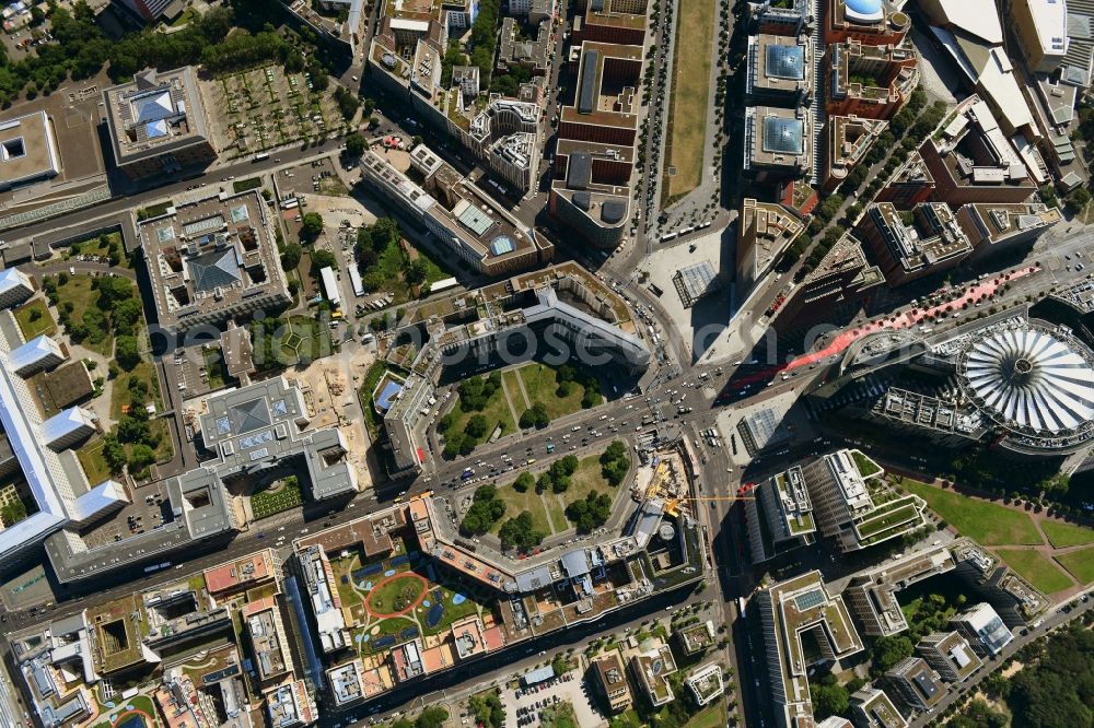 Vertical aerial photograph Berlin - Vertical aerial view from the satellite perspective of the road over the crossroads Potsdamer Platz - Ebertstrasse - Stresemannstrasse - Leipziger Platz in the district Tiergarten in Berlin, Germany