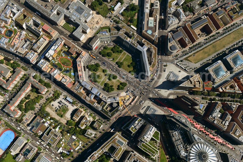 Vertical aerial photograph Berlin - Vertical aerial view from the satellite perspective of the road over the crossroads Potsdamer Platz - Ebertstrasse - Stresemannstrasse - Leipziger Platz in the district Tiergarten in Berlin, Germany