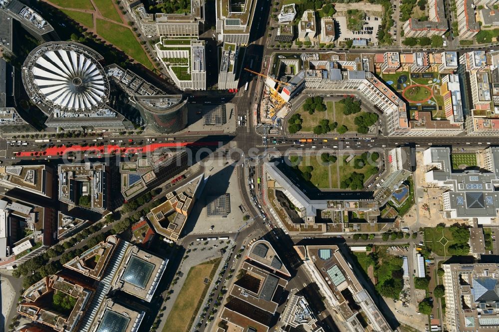 Vertical aerial photograph Berlin - Vertical aerial view from the satellite perspective of the road over the crossroads Potsdamer Platz - Ebertstrasse - Stresemannstrasse - Leipziger Platz in the district Tiergarten in Berlin, Germany