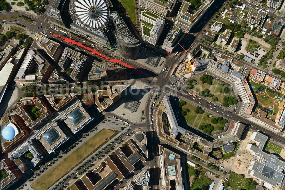 Vertical aerial photograph Berlin - Vertical aerial view from the satellite perspective of the road over the crossroads Potsdamer Platz - Ebertstrasse - Stresemannstrasse - Leipziger Platz in the district Tiergarten in Berlin, Germany