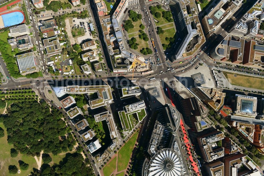 Vertical aerial photograph Berlin - Vertical aerial view from the satellite perspective of the road over the crossroads Potsdamer Platz - Ebertstrasse - Stresemannstrasse - Leipziger Platz in the district Tiergarten in Berlin, Germany