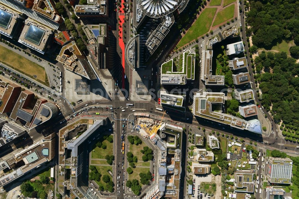 Vertical aerial photograph Berlin - Vertical aerial view from the satellite perspective of the road over the crossroads Potsdamer Platz - Ebertstrasse - Stresemannstrasse - Leipziger Platz in the district Tiergarten in Berlin, Germany