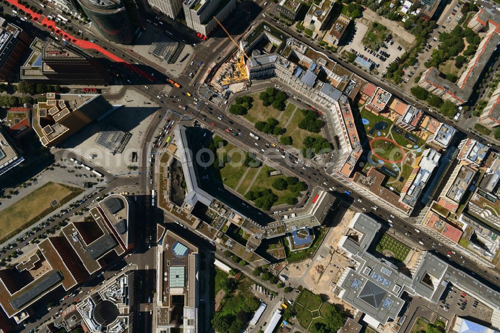 Vertical aerial photograph Berlin - Vertical aerial view from the satellite perspective of the road over the crossroads Potsdamer Platz - Ebertstrasse - Stresemannstrasse - Leipziger Platz in the district Tiergarten in Berlin, Germany