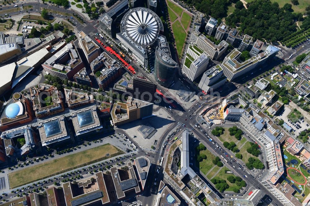 Vertical aerial photograph Berlin - Vertical aerial view from the satellite perspective of the road over the crossroads Potsdamer Platz - Ebertstrasse - Stresemannstrasse - Leipziger Platz in the district Tiergarten in Berlin, Germany