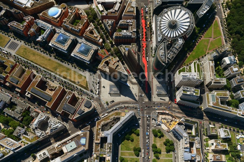 Vertical aerial photograph Berlin - Vertical aerial view from the satellite perspective of the road over the crossroads Potsdamer Platz - Ebertstrasse - Stresemannstrasse - Leipziger Platz in the district Tiergarten in Berlin, Germany