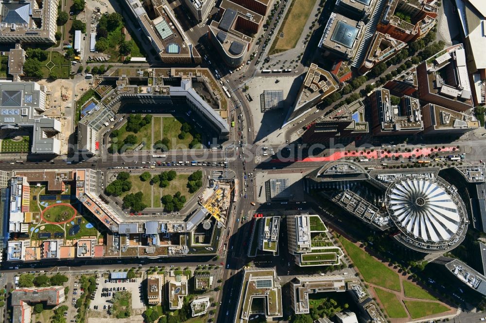 Vertical aerial photograph Berlin - Vertical aerial view from the satellite perspective of the road over the crossroads Potsdamer Platz - Ebertstrasse - Stresemannstrasse - Leipziger Platz in the district Tiergarten in Berlin, Germany