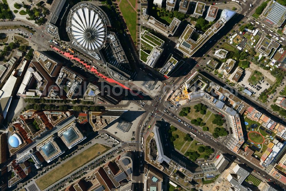 Vertical aerial photograph Berlin - Vertical aerial view from the satellite perspective of the road over the crossroads Potsdamer Platz - Ebertstrasse - Stresemannstrasse - Leipziger Platz in the district Tiergarten in Berlin, Germany