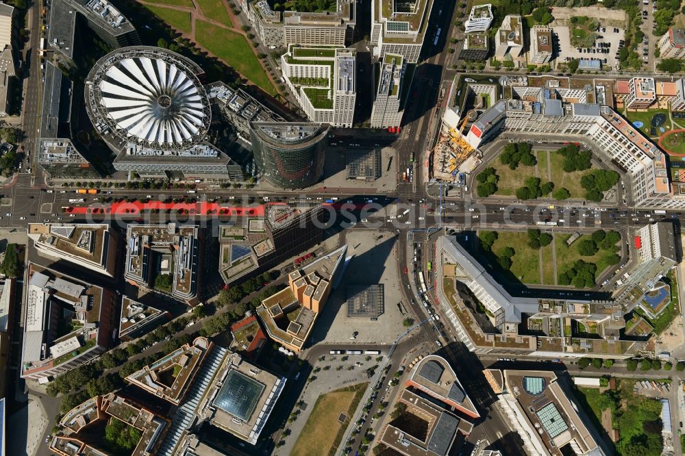 Vertical aerial photograph Berlin - Vertical aerial view from the satellite perspective of the road over the crossroads Potsdamer Platz - Ebertstrasse - Stresemannstrasse - Leipziger Platz in the district Tiergarten in Berlin, Germany