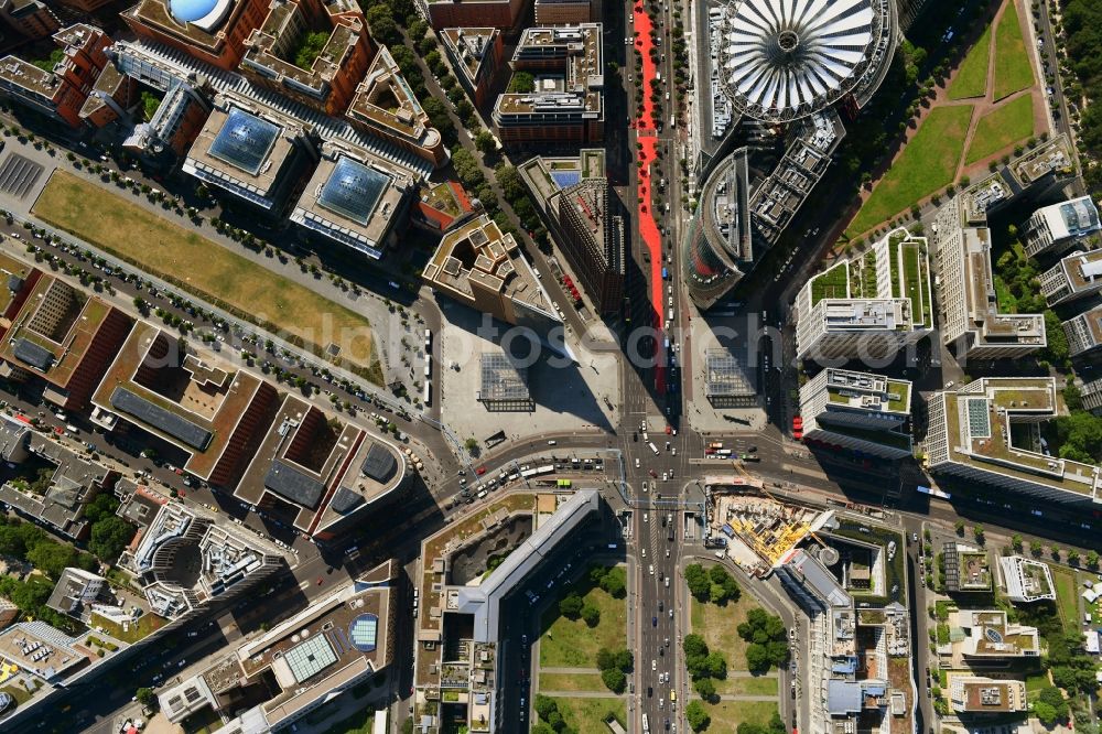 Vertical aerial photograph Berlin - Vertical aerial view from the satellite perspective of the road over the crossroads Potsdamer Platz - Ebertstrasse - Stresemannstrasse - Leipziger Platz in the district Tiergarten in Berlin, Germany