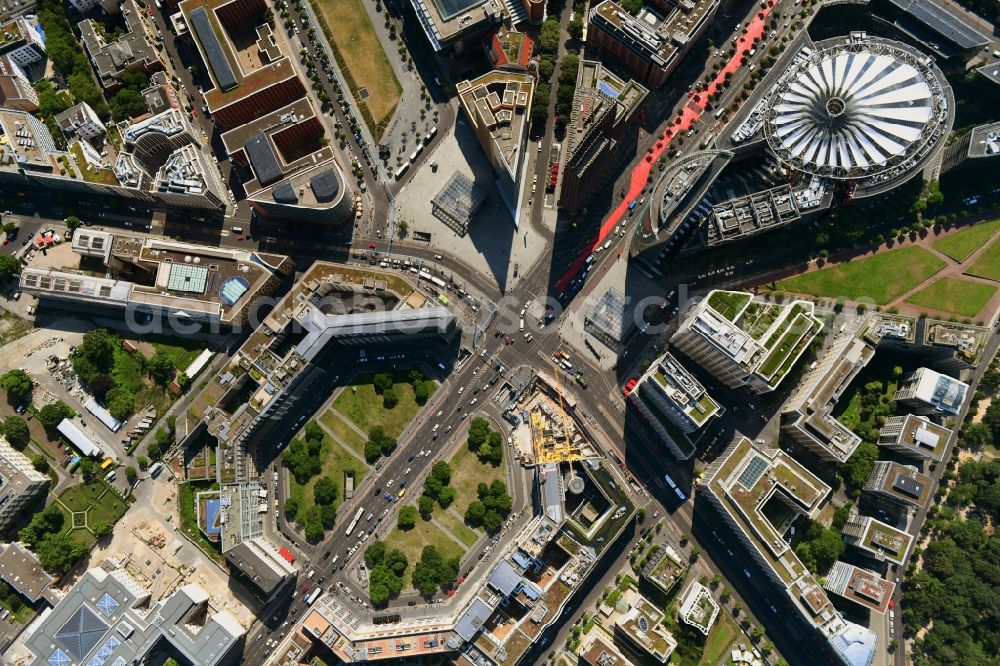 Vertical aerial photograph Berlin - Vertical aerial view from the satellite perspective of the road over the crossroads Potsdamer Platz - Ebertstrasse - Stresemannstrasse - Leipziger Platz in the district Tiergarten in Berlin, Germany