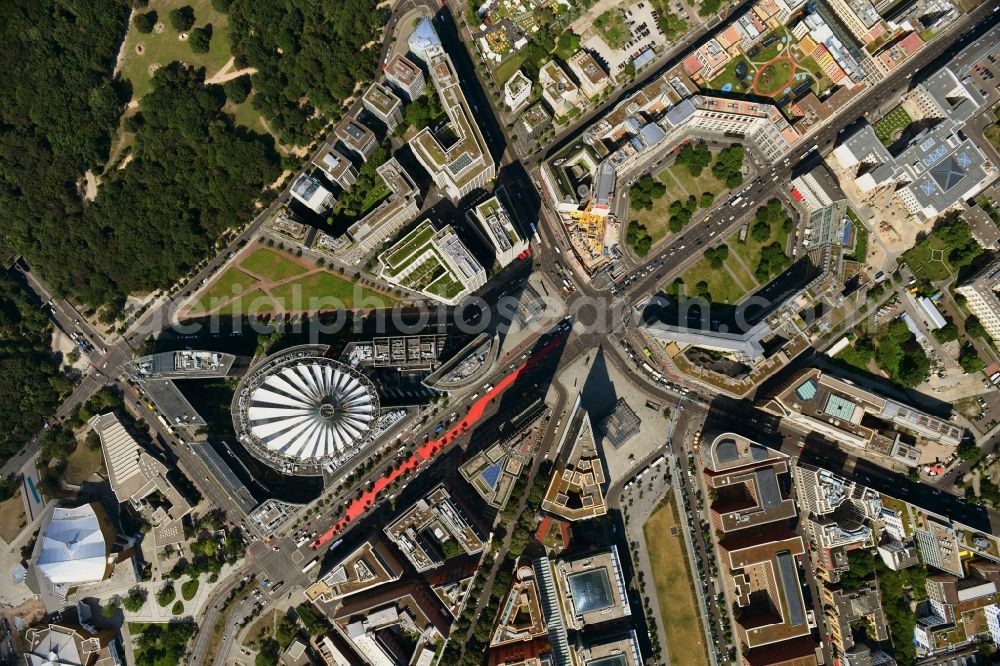 Vertical aerial photograph Berlin - Vertical aerial view from the satellite perspective of the road over the crossroads Potsdamer Platz - Ebertstrasse - Stresemannstrasse - Leipziger Platz in the district Tiergarten in Berlin, Germany