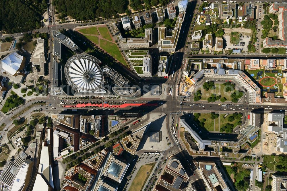 Vertical aerial photograph Berlin - Vertical aerial view from the satellite perspective of the road over the crossroads Potsdamer Platz - Ebertstrasse - Stresemannstrasse - Leipziger Platz in the district Tiergarten in Berlin, Germany