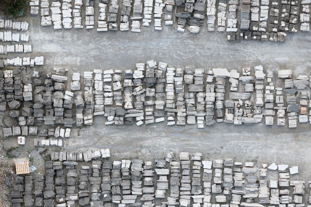 Vertical aerial photograph Santanyí - Vertical aerial view from the satellite perspective of the Bearing surface for natural stones in the industrial area near Santanya in Islas Baleares, Spain